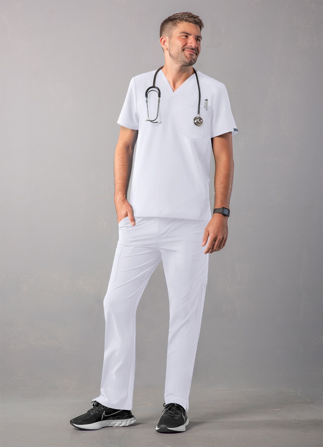 ADAR Addition Men's Modern Multi-pocket V-Neck Scrub Top