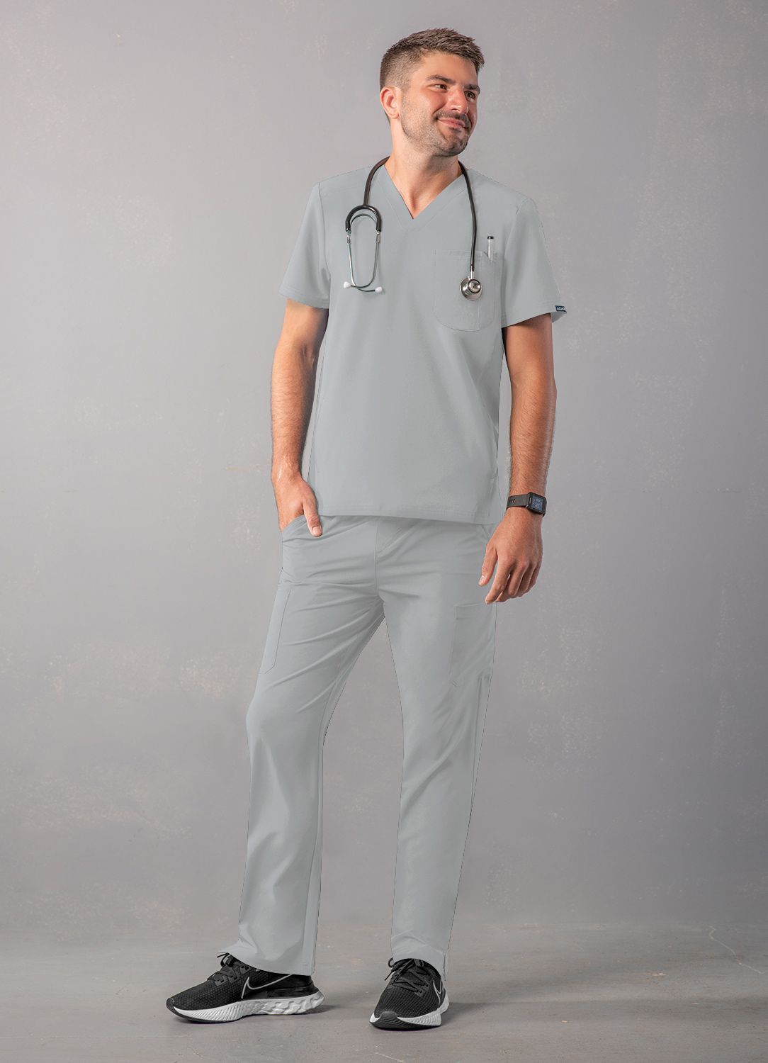 ADAR Addition Men's Modern Multi-pocket V-Neck Scrub Top